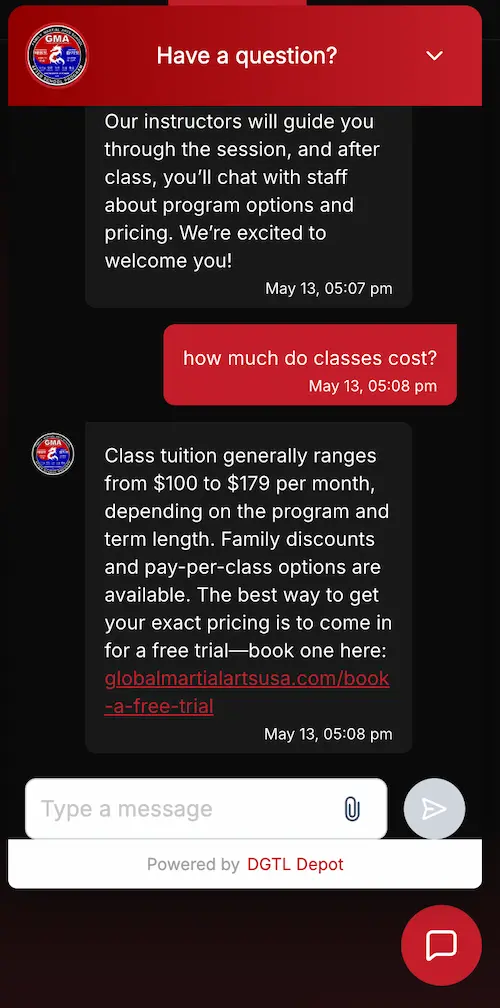 AI chat widget — handoff to booking