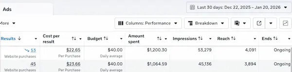 MD Blend Meta Ads results dashboard