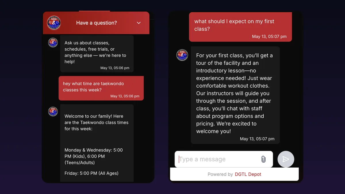 Two screens from the Global Martial Arts USA AI chat assistant answering questions about Taekwondo class times and what to expect at a first class