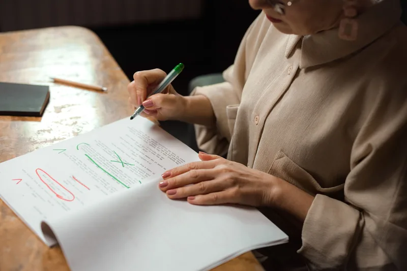 Person marking up a printed document with red and green pen at a desk