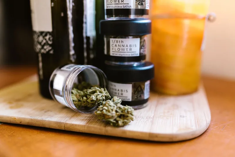 Cannabis product displayed in a glass jar at a dispensary