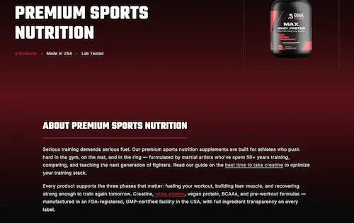 GMA Warrior Supplements Premium Sports Nutrition collection page with intro copy above the product grid