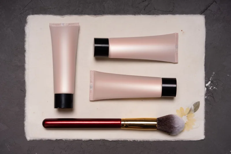 Flat lay product photo of three cosmetic tubes and a makeup brush on textured paper