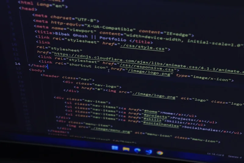 Website HTML head section with tag and stylesheet code shown on a monitor