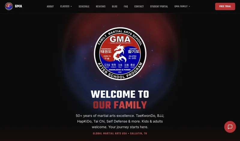 Global Martial Arts website homepage, rebuilt by DGTL Depot