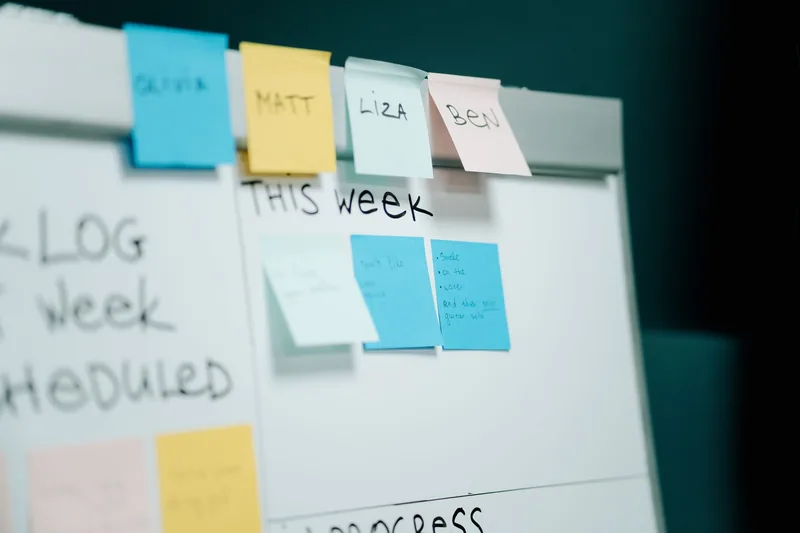 Whiteboard covered in sticky notes used to plan a weekly workflow